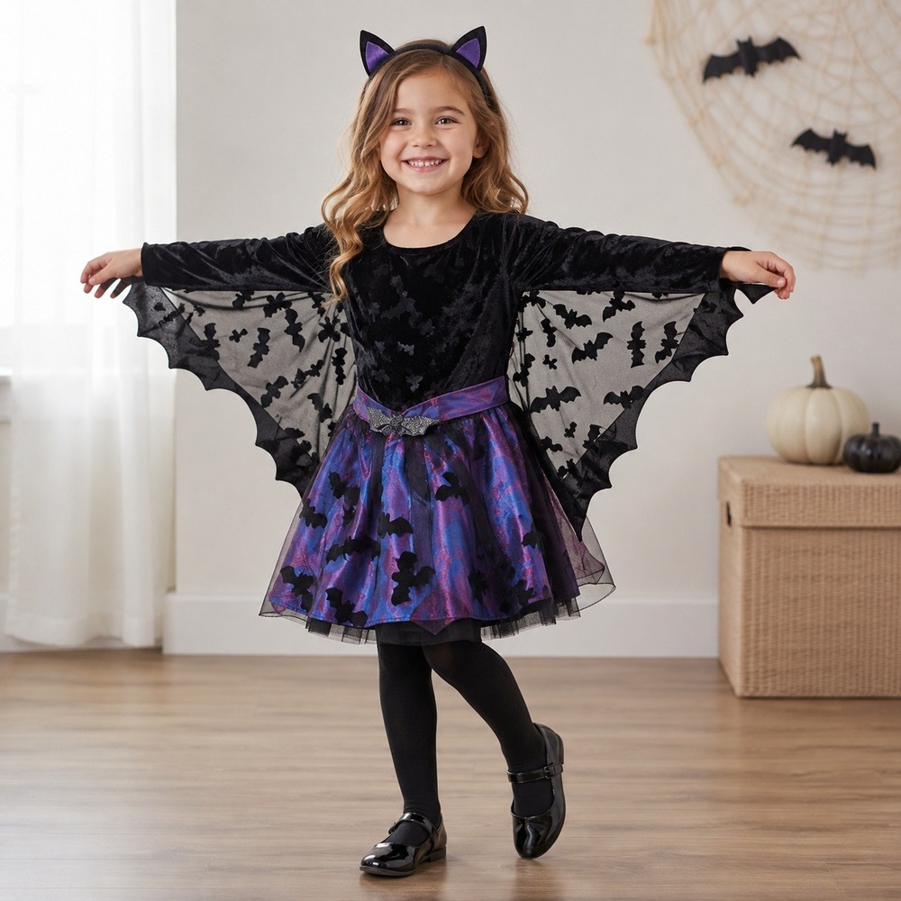 Spirit Halloween Girls Bat Costume Dress Black Purple Velvet Wings Hooded Medium